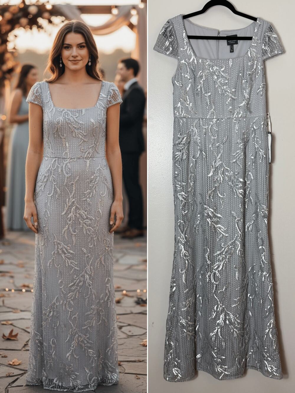 Adrianna Papell Silver Sequin Dress Wedding Guest Mother of the Bride Gown
